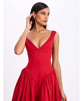 Miss Circle Women's Nahla Red Drop Waist Midi Dress with Buttons