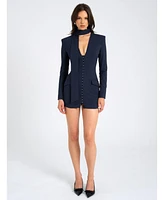Miss Circle Women's Tahlia Deep V Pinstripes Navy Blue Blazer Dress with scarf collar