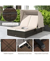Gymax 2-person Rattan Lounge Bed w/ Retractable Canopy 5-position Adjustable Backrest