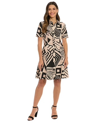 London Times Petite Collared Short-Sleeve A-Line Dress
