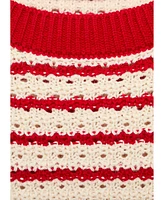 Mango Women's Striped Short Sleeve Crochet Sweater