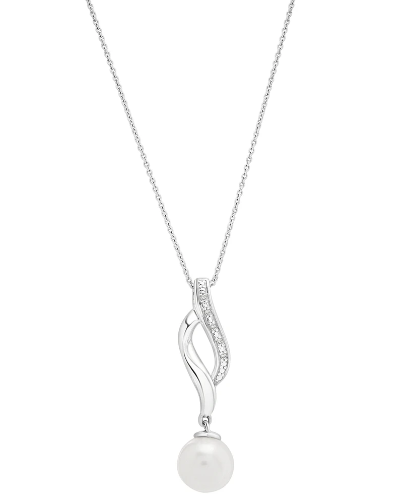 Cultured Freshwater Pearl (8mm) & Diamond Accent Swirl 18" Pendant Necklace in Sterling Silver