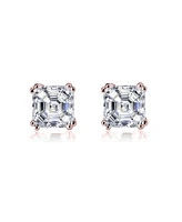 Sterling Silver 18K Rose Gold Plating with Clear Cubic Zirconia Asscher-Cut Stud Earrings