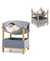 2-Tier Wooden Cat House with Semi-enclosed Condo and Removable Clothes
