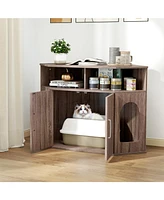 Corner Cat Litter Box Enclosure with Storage Shelves and Double Doors