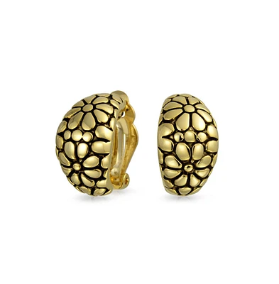 Bling Jewelry Flower Wide Shrimp Half Hoop Clip On Earrings For Non Pierced Ears Oxidized Gold Plated Brass