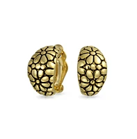 Bling Jewelry Flower Wide Shrimp Half Hoop Clip On Earrings For Non Pierced Ears Oxidized Gold Plated Brass