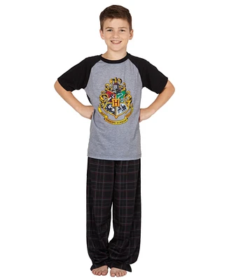 Harry Potter Boys Hogwarts Castle Crest 2 Pc Raglan Plaid Pajama Pant Set