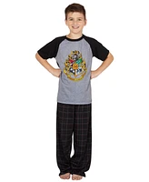 Harry Potter Boys Hogwarts Castle Crest 2 Pc Raglan Plaid Pajama Pant Set
