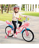 Kids Girls Bike with Doll Seat and Training Wheels for Easy Riding