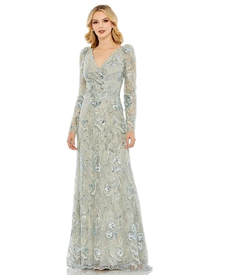 Mac Duggal Women's Embroidered Wrap Over Puff Sleeves Trumpet Gown