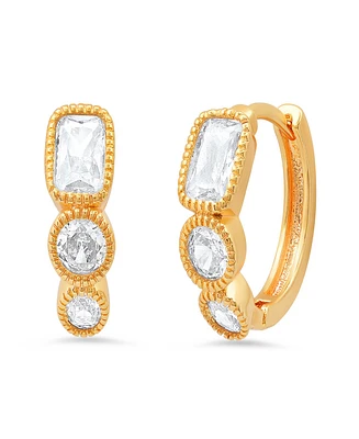 Steeltime Women's Plated Brass Simulated Diamonds Huggie Earrings
