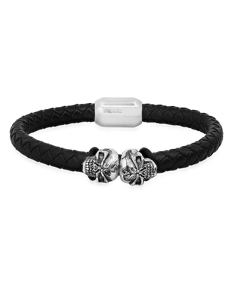 Steeltime Men's Black Braided Leather and Stainless-Steel Skulls Bracelet