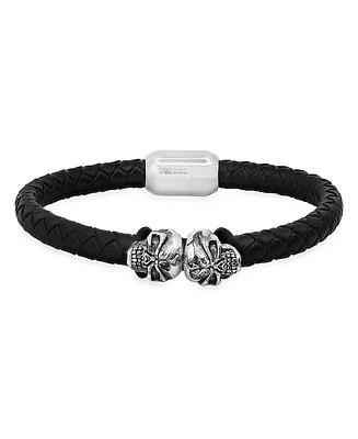 Steeltime Men's Black Braided Leather and Stainless-Steel Skulls Bracelet