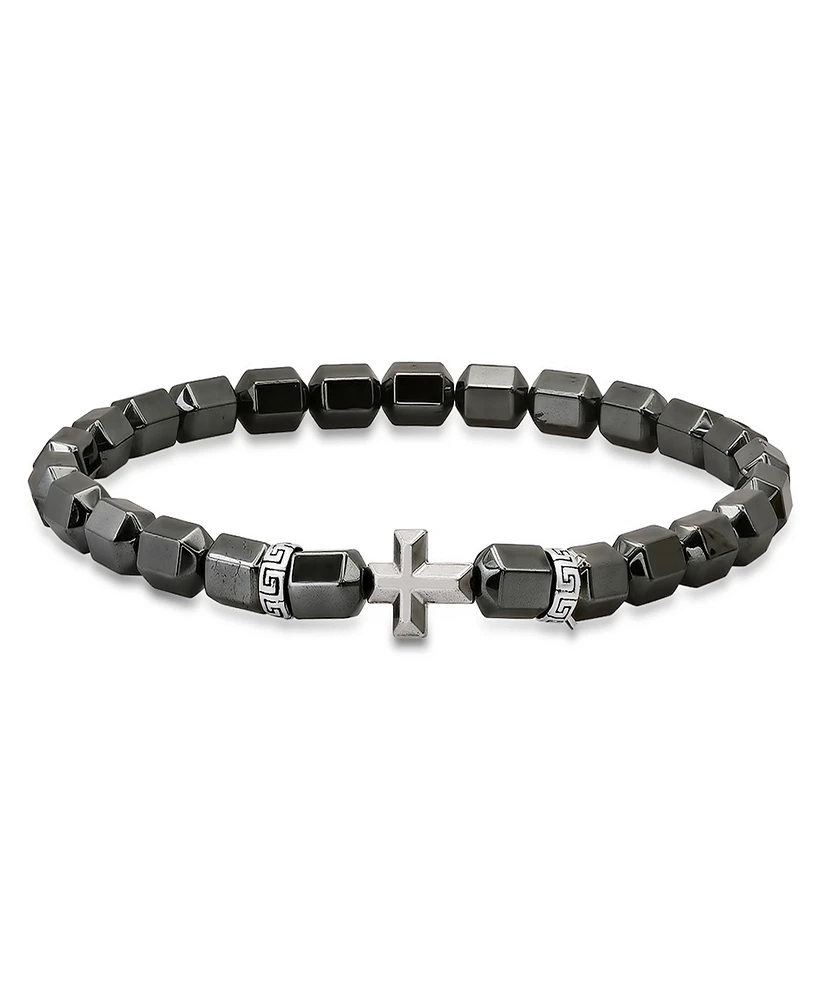 Steeltime Men's Sterling Silver Cross and Hematite Beaded Stretch Bracelet