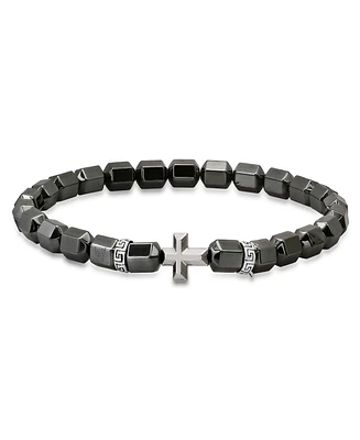 Steeltime Men's Sterling Silver Cross and Hematite Beaded Stretch Bracelet