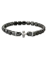 Steeltime Men's Sterling Silver Cross and Hematite Beaded Stretch Bracelet