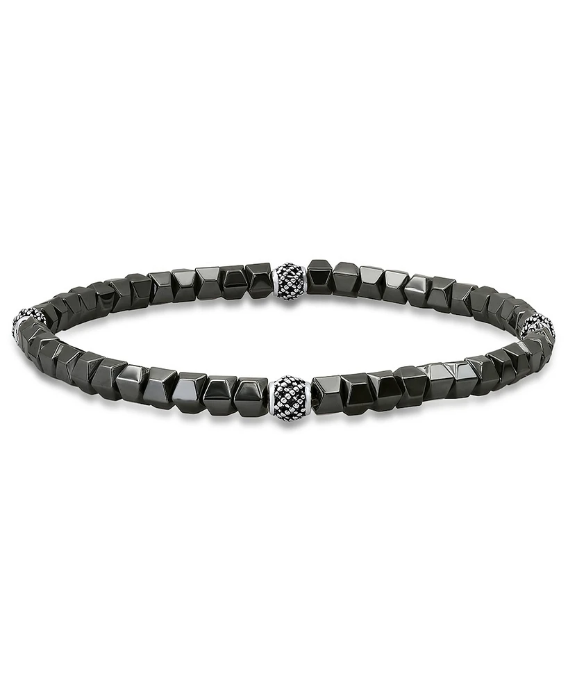 Steeltime Men's Sterling Silver and Hematite Beaded Stretch Bracelet