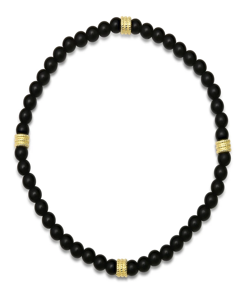 Steeltime Men's 14K Gold Plated Sterling Silver and Black Lava Beaded Stretch Bracelet