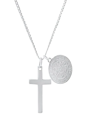 Steeltime Unisex Sterling Silver Cross and Round St. Benedict Pendant Necklace