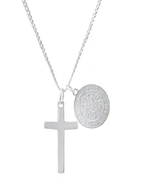 Steeltime Unisex Sterling Silver Cross and Round St. Benedict Pendant Necklace