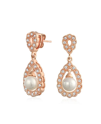 Bling Jewelry Filigree White Simulated Teardrop Dangle Earrings Rose Gold Plated Brass