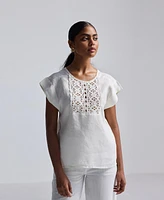 Reistor Women's Boxy Top with Embroidered Lace Detail
