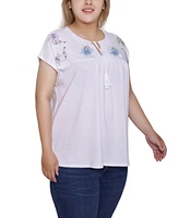 Ny Collection Plus Embroidered Yoke Extended Sleeve Top