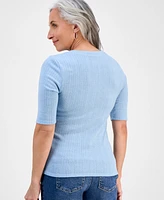 Style & Co Petite Pointelle Elbow-Sleeve Henley Knit Top, Exclusively at Macy's