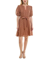 Taylor Petite Split-Neck Puff-Sleeve Fit & Flare Dress