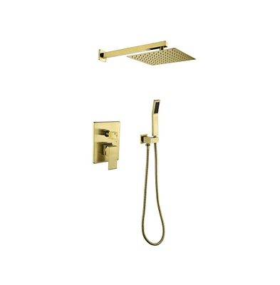 Rainsken Brushed Gold Shower System, Bathroom 10 Inches Rain Shower Head with Handheld Combo Set, Wall Mounted High Pressure Rainfall Dual Shower Head