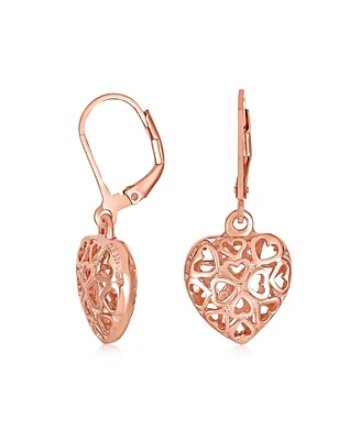 Bling Jewelry Open Clover Flower Filigree Heart Dangle Earrings Oxidized Rose Gold Sterling Silver