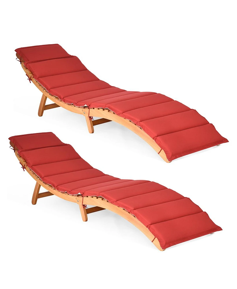 Gymax 2PCS Outdoor Folding Chaise Eucalyptus Lounge Chair w/ Double-sided Cushion