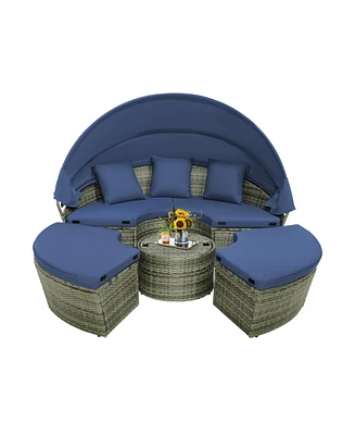 Outdoor Pe Wicker Round Daybed with Retractable Canopy and Cushions