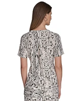 Halston Women's Printed Zipper-Shoulder Crewneck Top