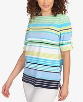 Ruby Rd. Petite Multi Stripe Roll Tab Sleeve T Shirt