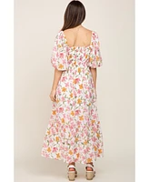 Pinkblush Maternity White Floral Puff Sleeve Maxi Dress