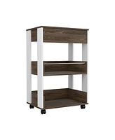 Depot E-shop Pillar Kitchen Cart, Four Casters, Three Shelves, White / Dark Walnut