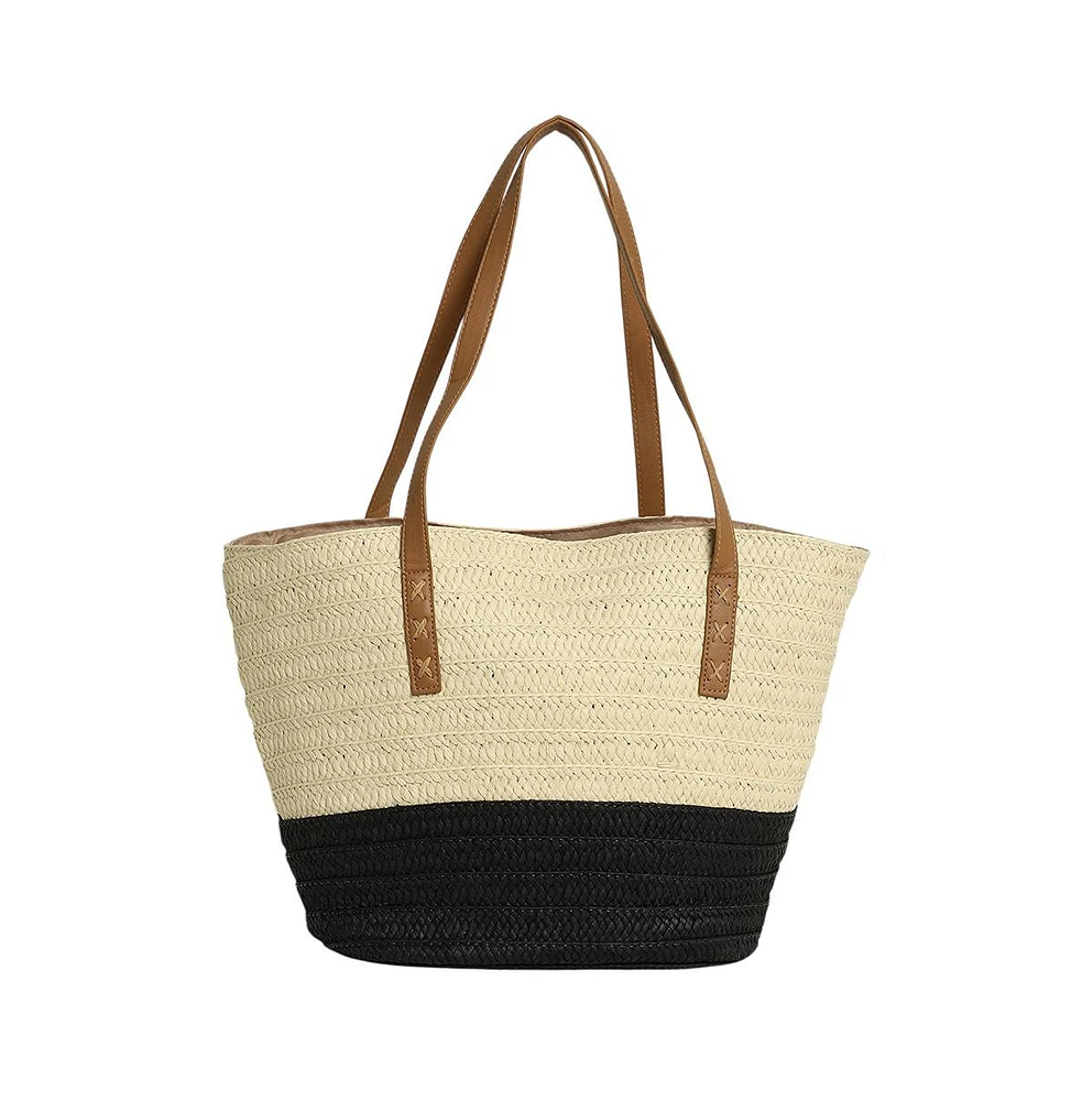 Women's The Straw-Block Tote Bag - Midnight Black:Off-White