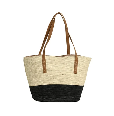 Women's The Straw-Block Tote Bag - Midnight Black:Off-White