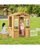 Wood Playhouse with Bench and Serving Stations for 2+ Years Old Kids