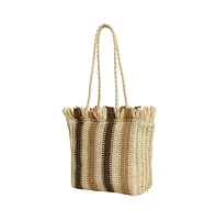 Women's The Straw-Striped Tote Bag - Ecru Beige:Mocha Brown