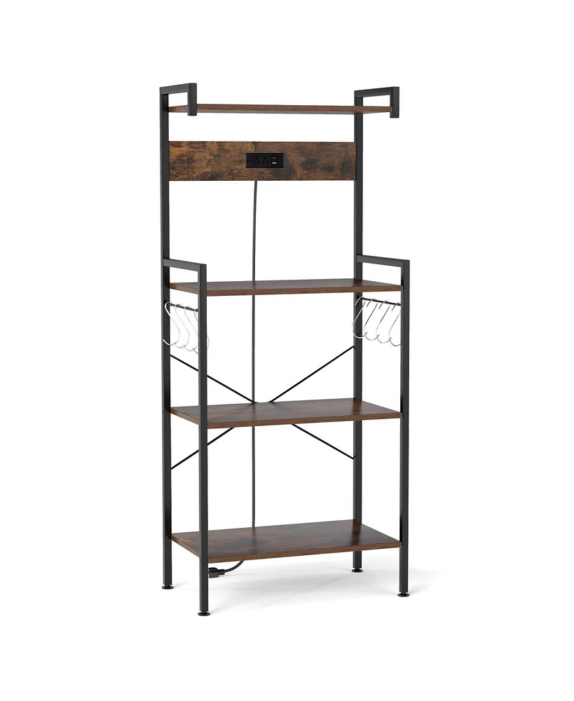 4-Tier Kitchen Bakers Rack with Power Outlet and 8 Hooks