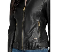 Guess Women's Collarless Zip-Front Leather Jacket
