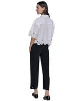 Karl Lagerfeld Paris Women's Cotton Floral-Embroidered Camp Shirt