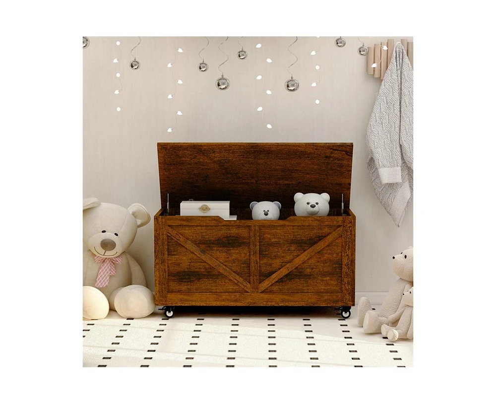 Storage Chest Trunk on Wheels with Brakes Storage Bench Supports 300 lb Wooden Entryway Bench, Shoe Bench, Movable, Safety Hinge, U-Shaped Opening