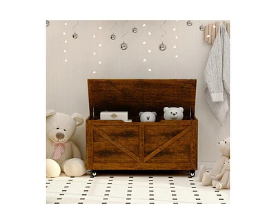 Storage Chest Trunk on Wheels with Brakes Storage Bench Supports 300 lb Wooden Entryway Bench, Shoe Bench, Movable, Safety Hinge, U-Shaped Opening