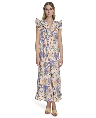 Vince Camuto Women's Cotton Printed V-Neck Ruffled Midi Dress