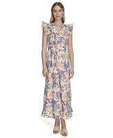 Vince Camuto Women's Cotton Printed V-Neck Ruffled Midi Dress