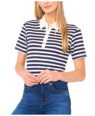 CeCe Women's Short Sleeve Striped Polo Top